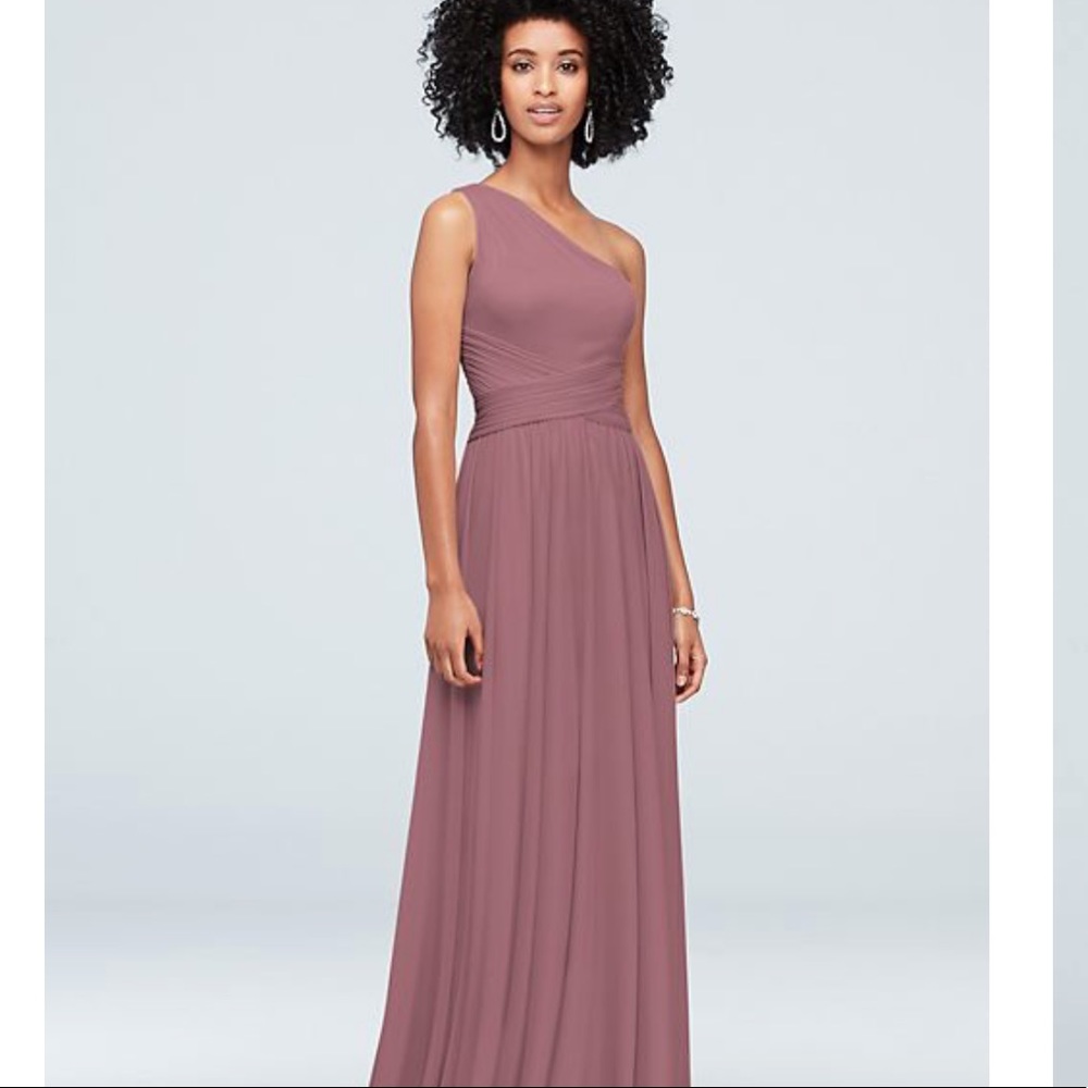 one-shoulder mesh bridesmaid dress- David’s Bridal